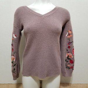 American Eagle Outfitters Mauve V-Neck Sweater with Floral Embroidery